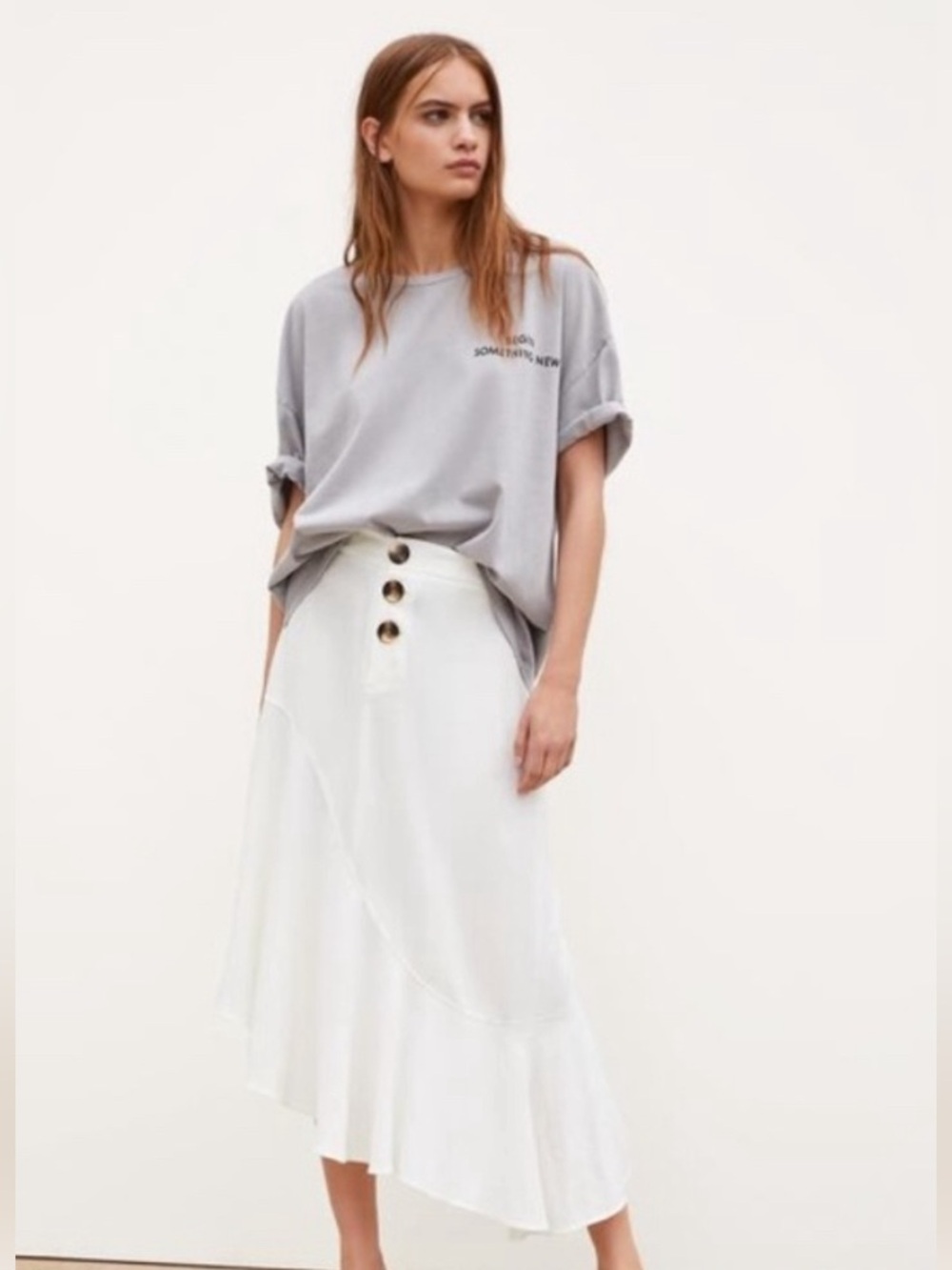 Zara Cream Asymmetrical Midi Skirt with Button Front sz M